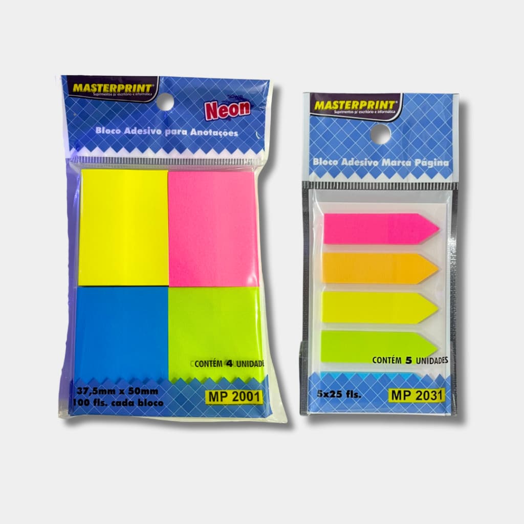 Kit Bloco Adesivo para Anotações 4 cores + Marca páginas Neon 5 cores