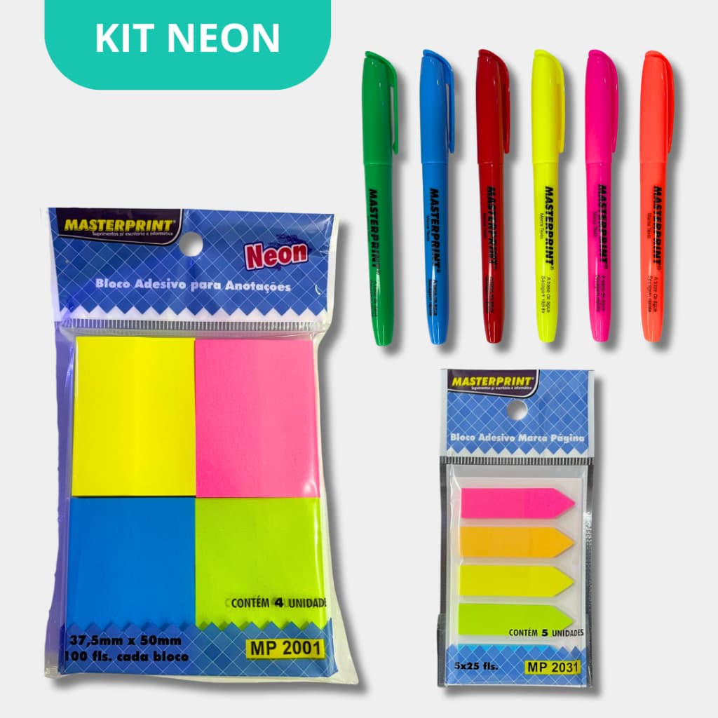 Kit 6 Marca Texto Neon + Bloco adesivo + Marca paginas