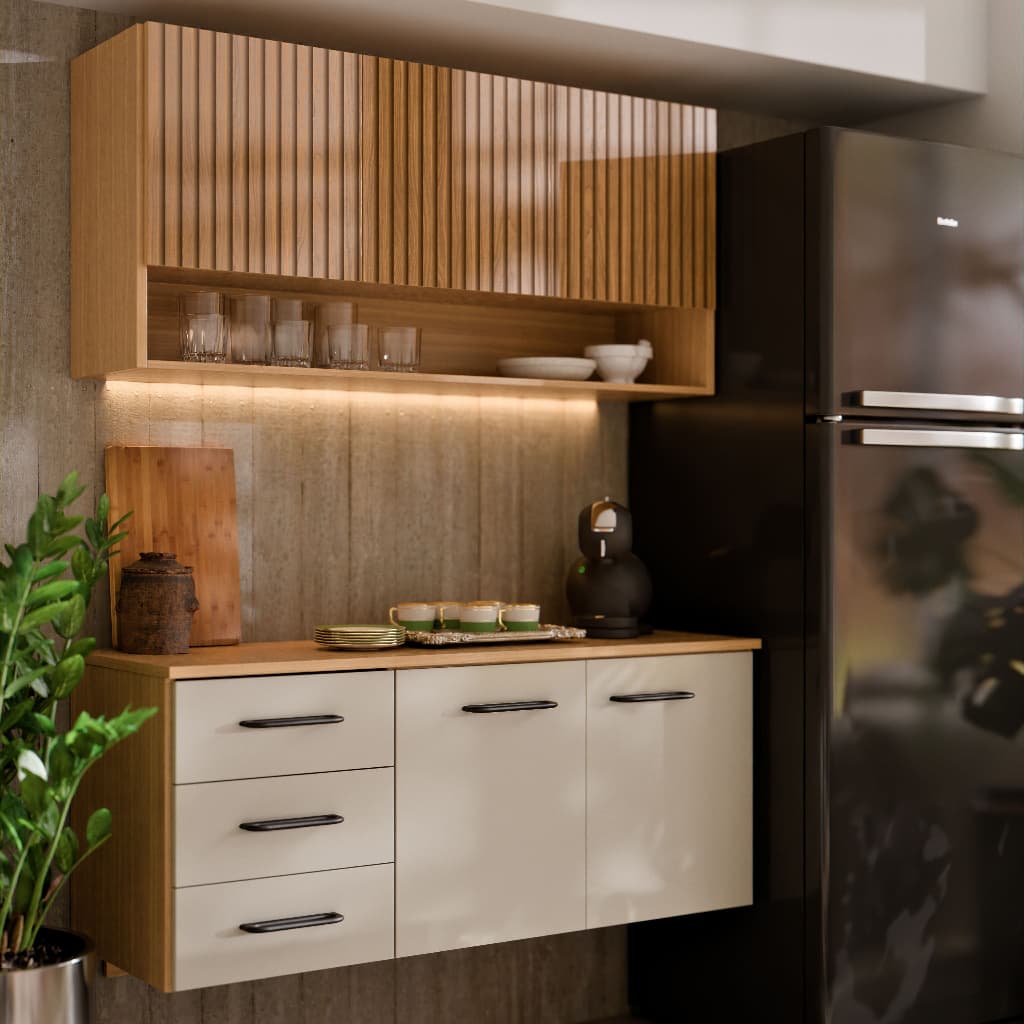 Armário de Cozinha Eliza com Balcão Aéreo 3 Gavetas Telescópicas Ripado 3D MDF MDP Moderno Compacto