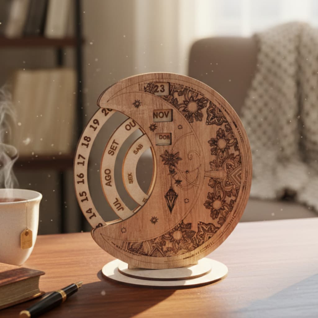 Calendário Perpétuo Giratório Artesanal MDF Redondo Decoração De Mesa