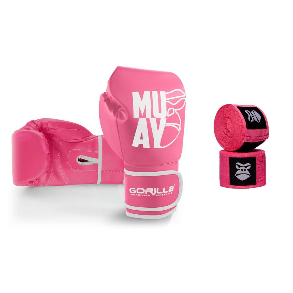 Kit Treino Feminino Luva de Boxe 12OZ Gorilla Profissional+ Bandagem 3mt Rosa Gorilla Luta Muai Thai