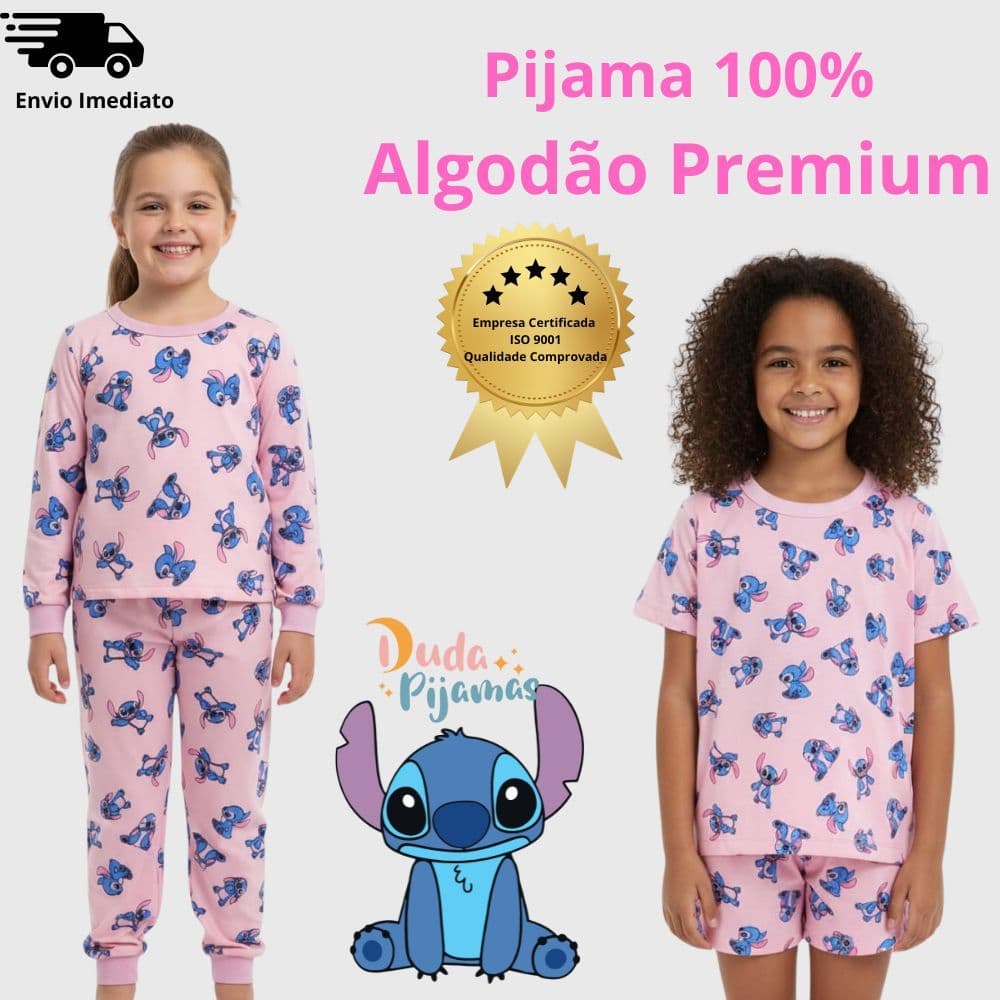 Pijama Infantil  Menina  Lilo  Stitch Algodão Verão Manga longa Fresquinho Feminino Envio Imediato