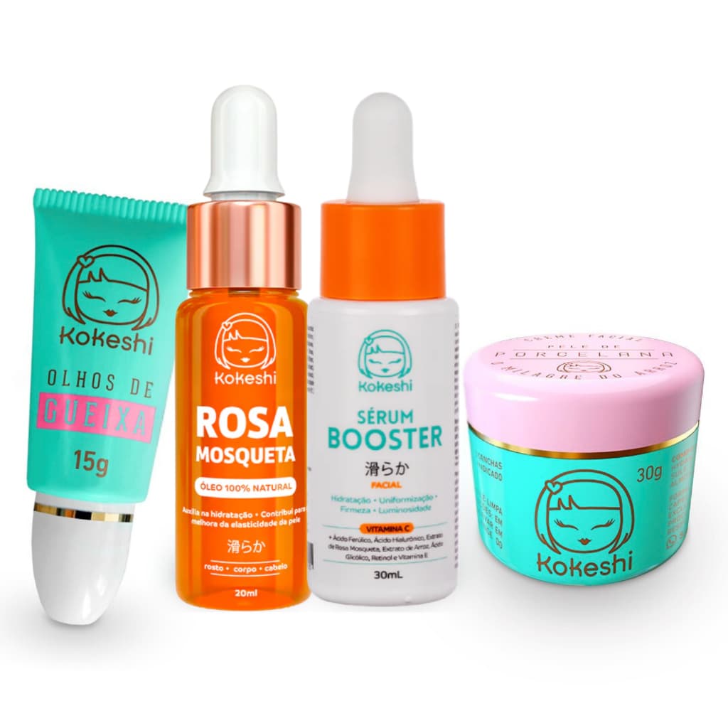 Kit 4 Renovadores Kokeshi Vitamina C Rosa Mosquesta Pele Porcelana Olhos de Gueixa