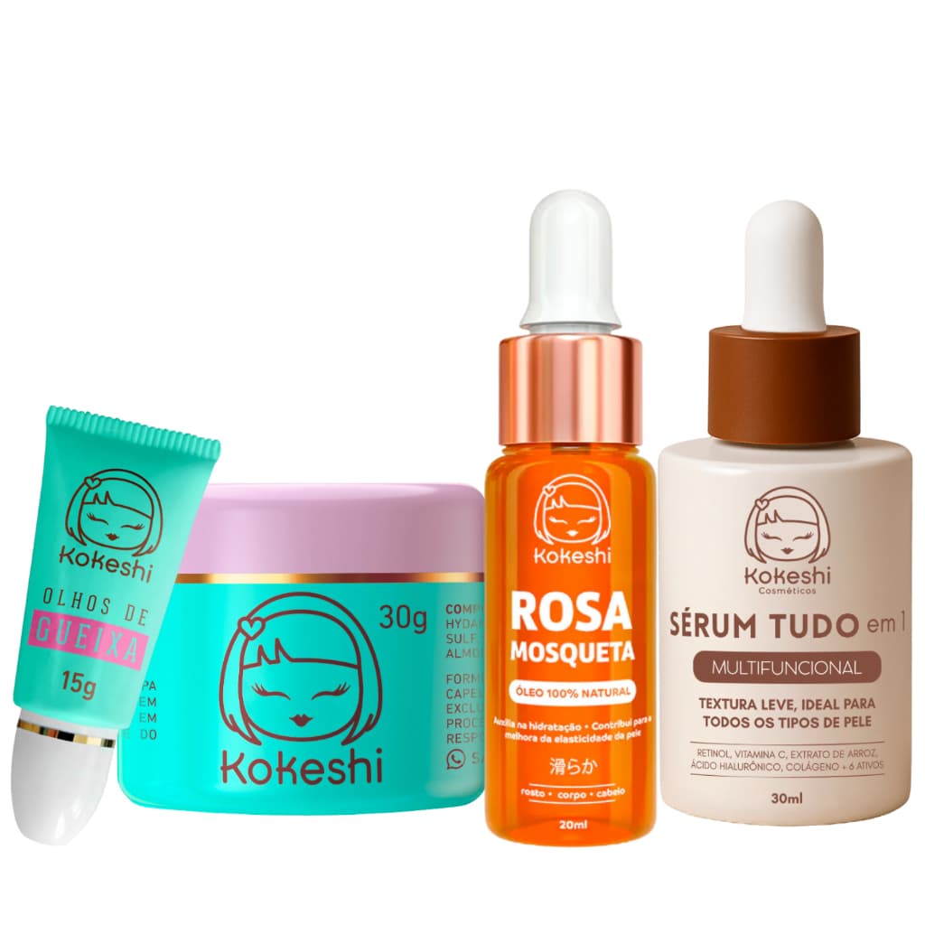 Kit Essencial Kokeshi Sérum Tudo em 1 Creme Pele de Porcelana Olhos de Gueixa Óleo de Rosa Mosqueta