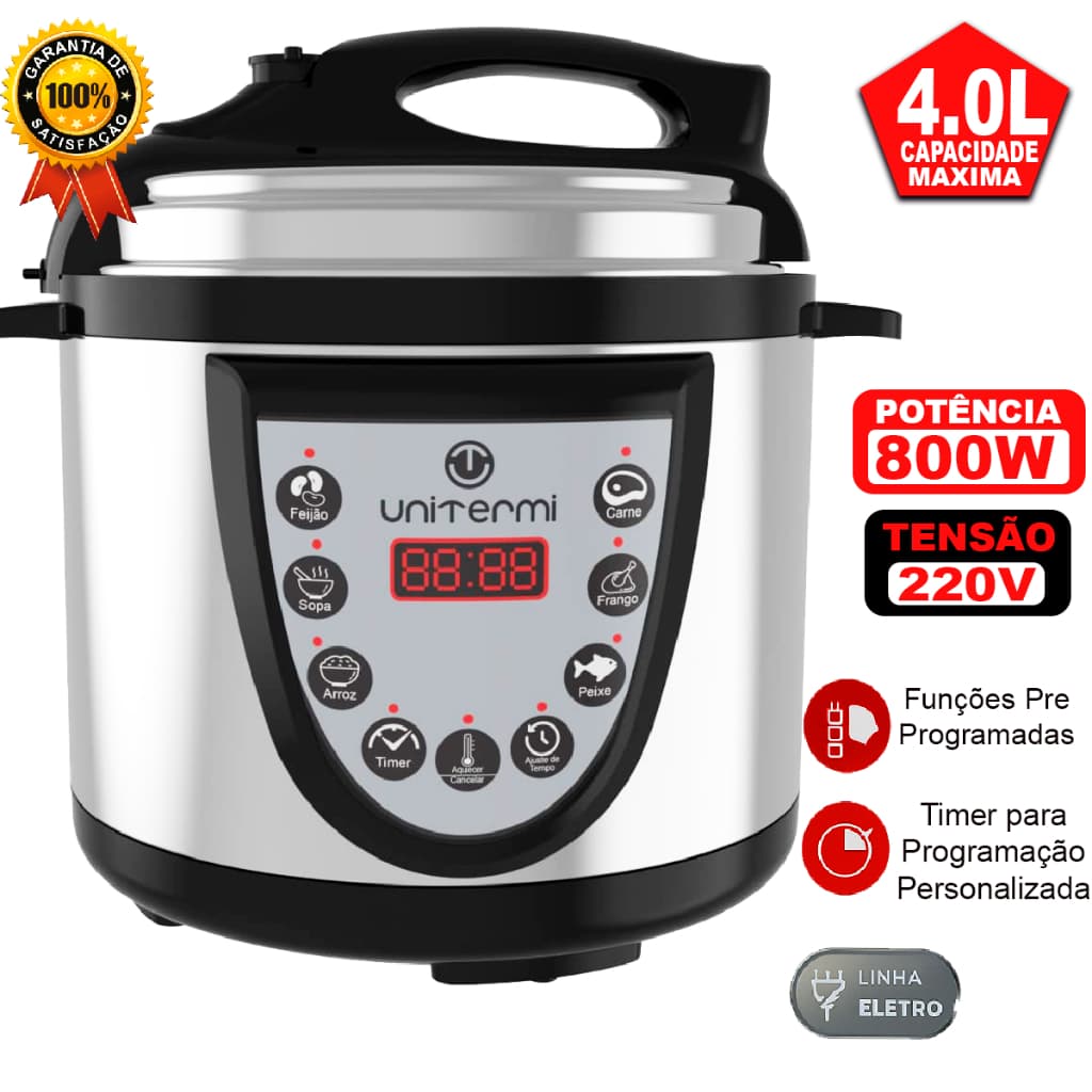Panela Elétrica de Pressão Digital inox 4L Unitermi 800W Inox Anti-anderente Tensão 220V