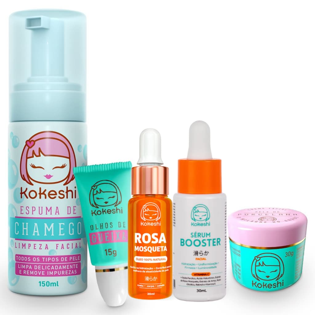 Kit 5 itens Kokeshi Rosa Mosqueta Limpeza e Hidratação