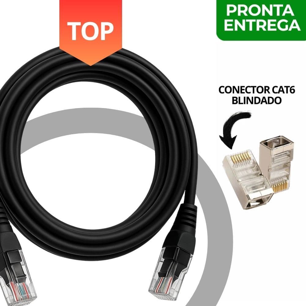 Cabo de Rede CAT6 Conector Blindado Preto Gigabit 5M 10M 15M 20M 25M 30M