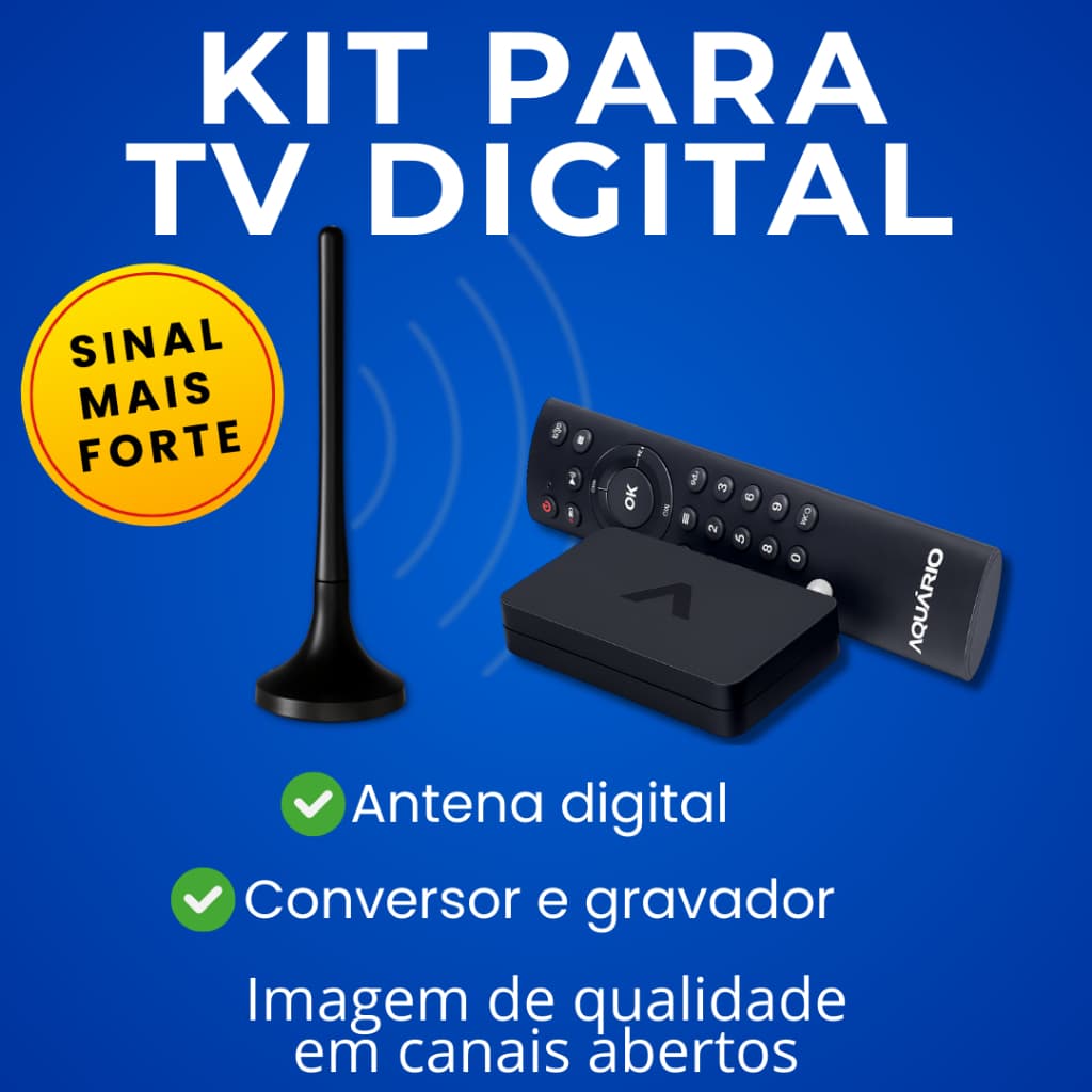 Kit TV Digital Aquário Antena Interna Conversor e Gravador | Mais Canais, Sinal Forte e Qualidade HD