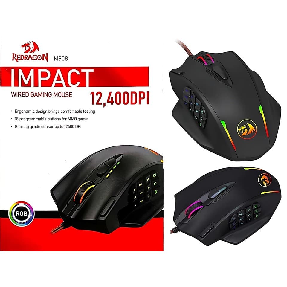 Mouse Redragon Impact M908 Gamer USB com fio RGB 12400 DPI 17 botões de jogo programável Mouse óptico Chega Hoje
