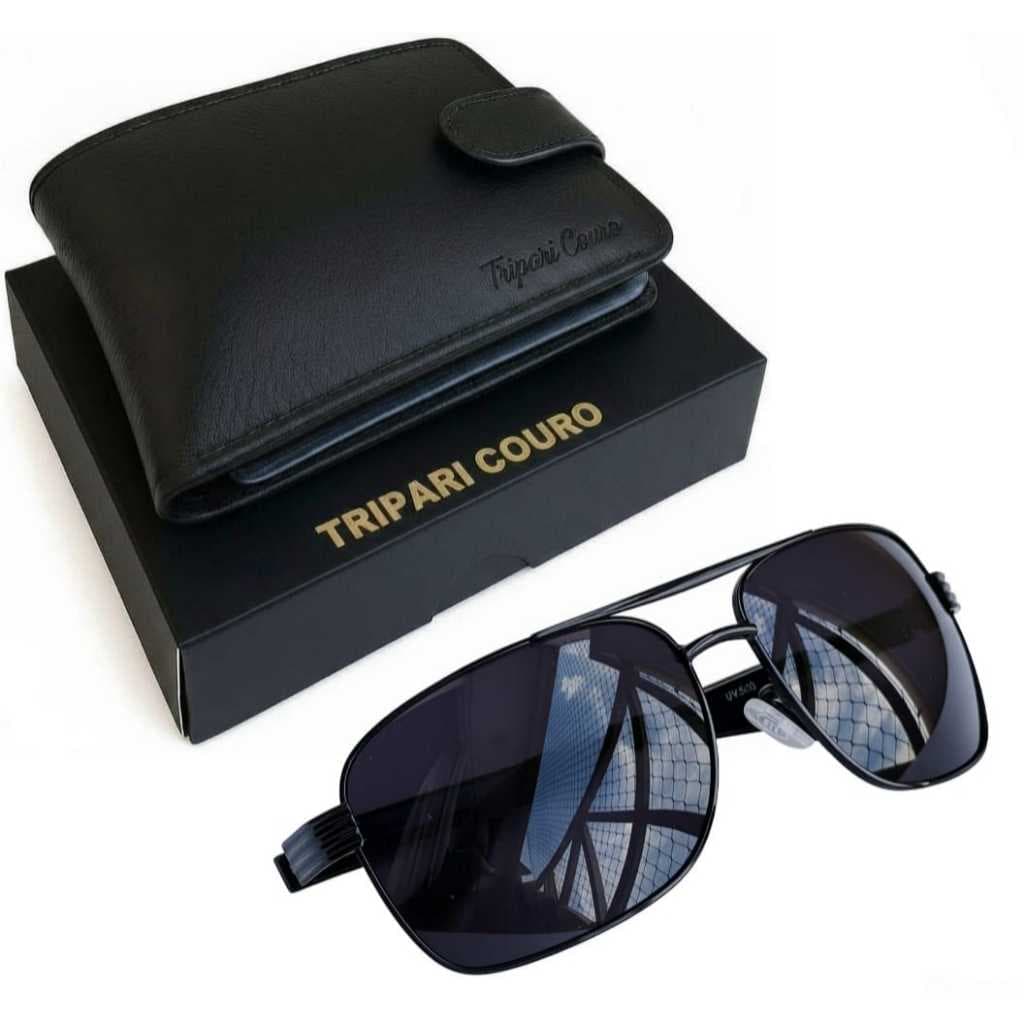 Kit carteira masculina + óculos escuro Carteira couro legítimo óculos com proteção UV400