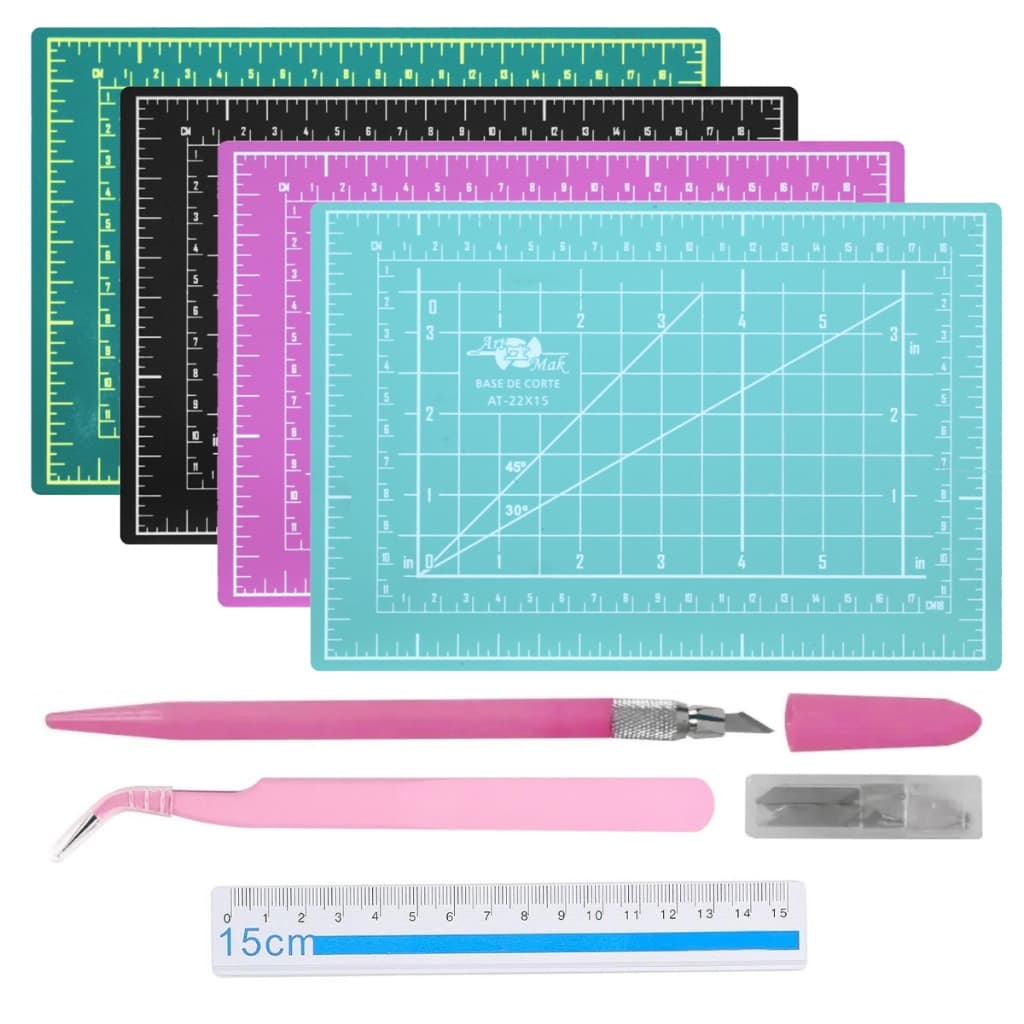 Kit Base de Corte A5 + Régua 15cm + Estilete de Precisão + Pinça Curva para Artesanato e Scrapbook