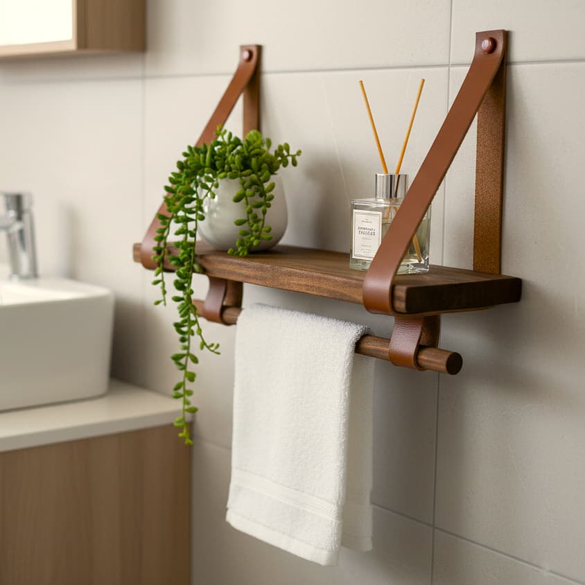 Prateleira com Suporte Para Toalha Madeira Envelhecida e Couro Decoração Banheiro Rústico Boho Chic