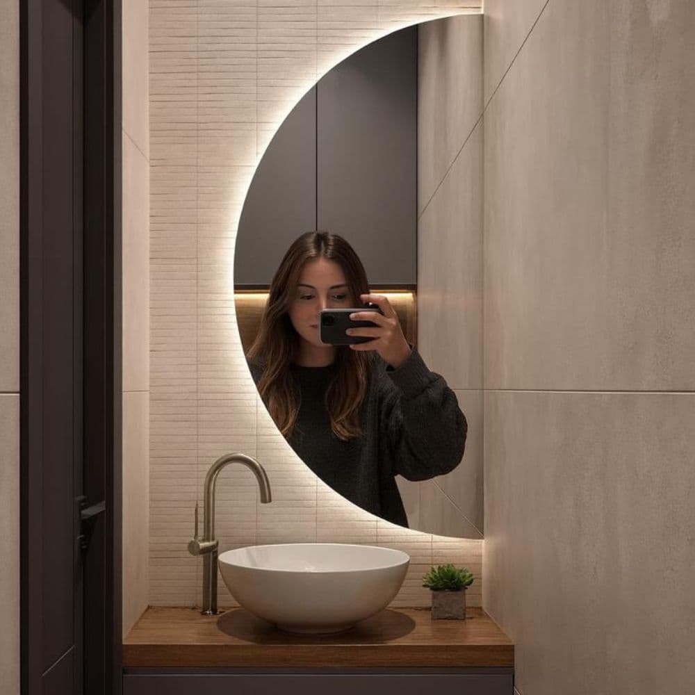 Espelho Orgânico De Led Meia Lua Redondo Grande Sofisticado Decorativo Minimalista Para Sala Tendencia