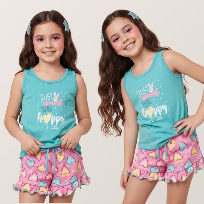 Pijama Regata Infantil Feminino Verão Suede Premium | Short Estampado de Babadinho Sortido