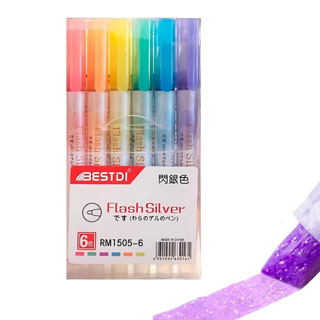 Kit 4/6 peças Marca texto de Glitter Tinta com Prata Cor Flash silva Pronto a Entrega Material escolar Flash silva