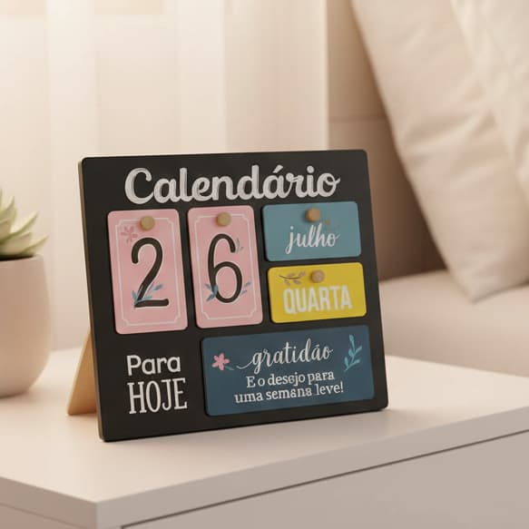 Calendário de Mesa Decorativo de Madeira com Plaquinhas Permanente Colorido Escritório