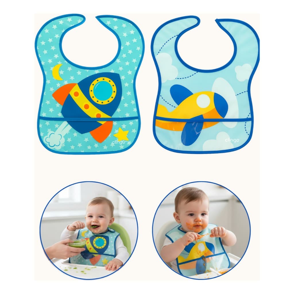 Kit 2 Babador Impermeáveis Infantil Menino Bolso Pega Migalhas Avião/foguete Colorido Único