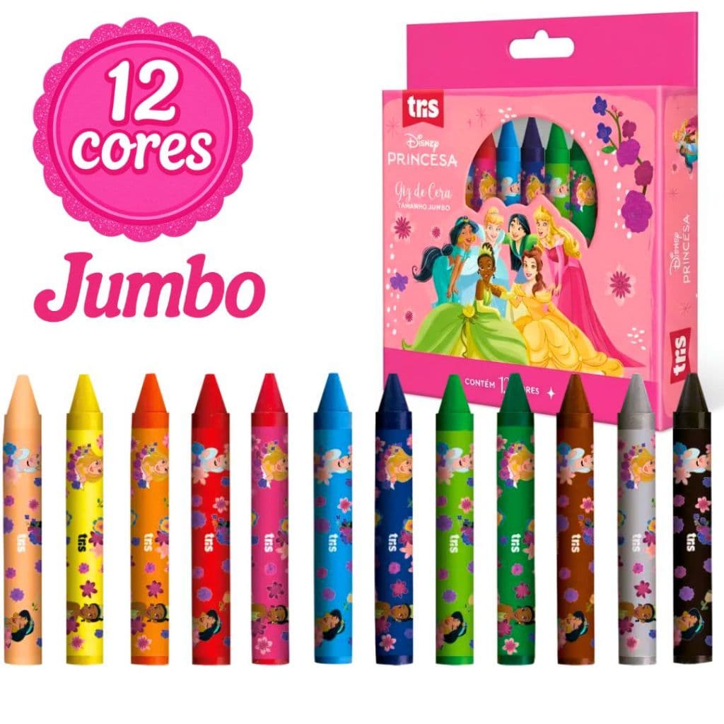 Giz De Cera Escolar Infantil Jumbo Grosso Com Rótulo Protetor Material Escolar Princesas Disney