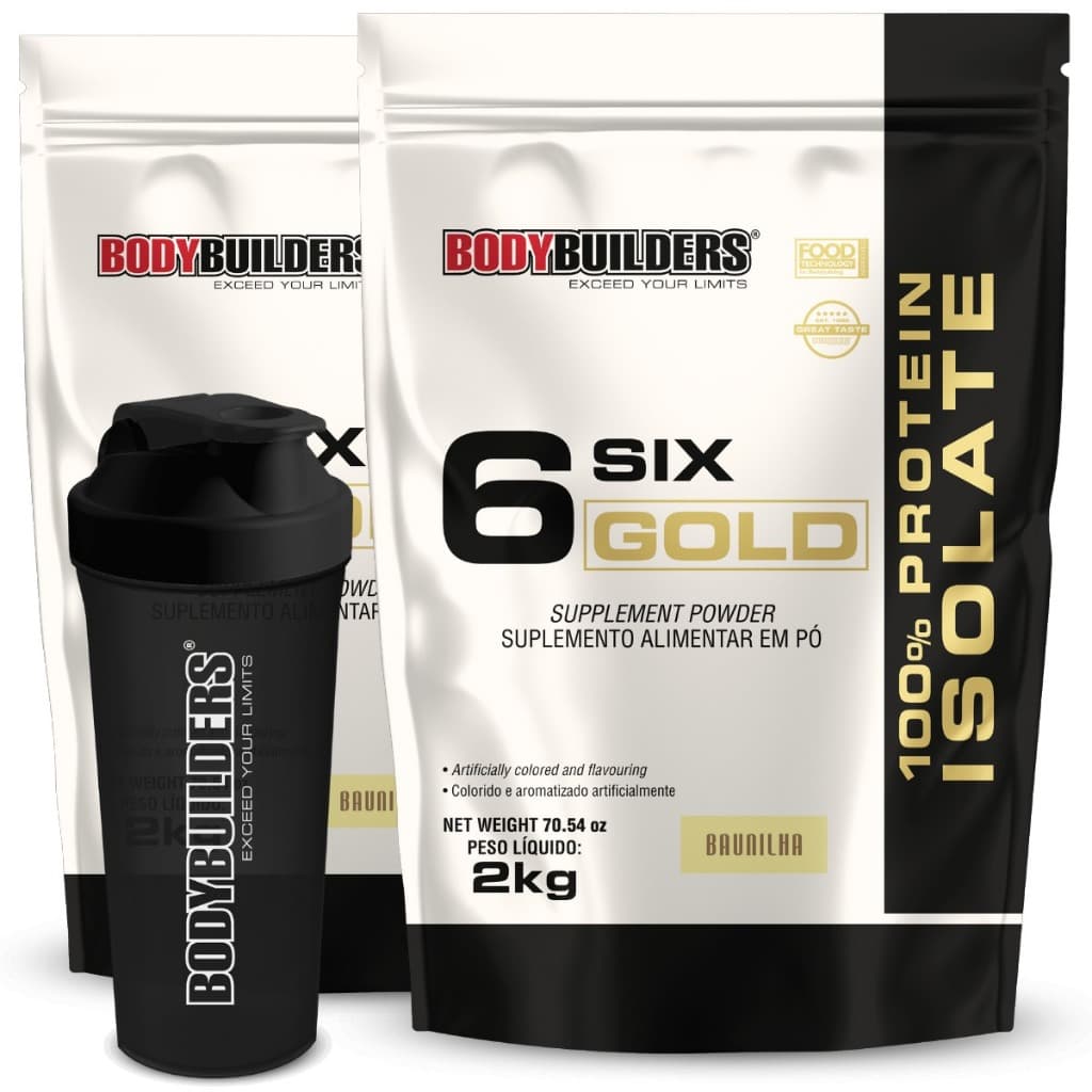 Kit 2x Whey Protein Isolado Six Gold 2kg 100% + Coqueteleira - Bodybuilders