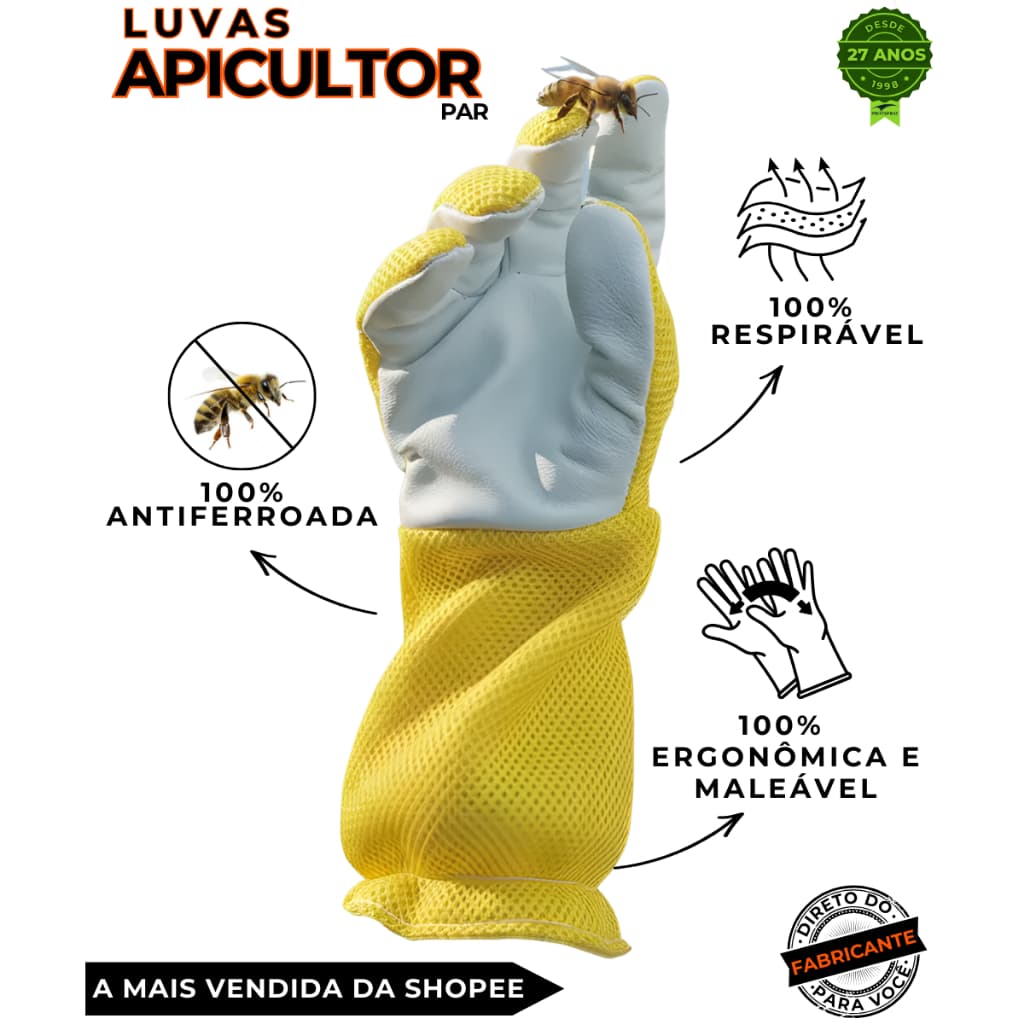 Luva Apicultor 100% Antiferroada Apic Apicultura Proteção Segurança Abelha Mel Malha ArLivre Vaqueta