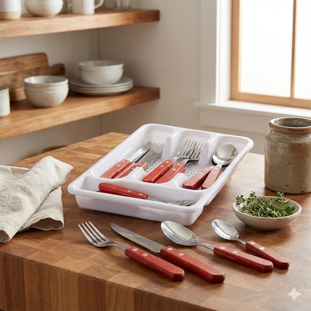 Faqueiro Jogo de Talheres Cabo em Madeira com Bandeja Organizadora 24 peças