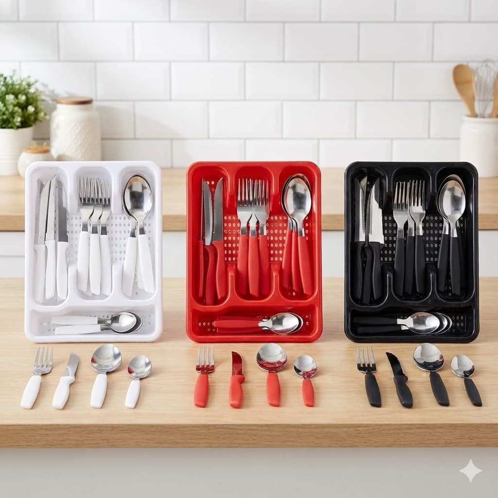 Jogo de Talheres Faqueiro Inox 25 Peças Cabo de PU com Bandeja Organizadora