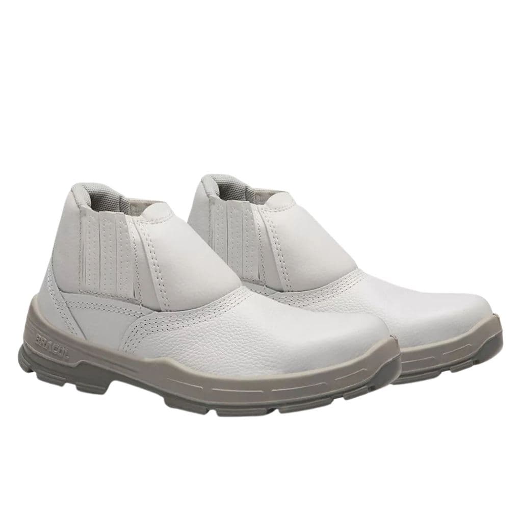 Botina Bota Branca de Couro Elástico Bico de Aço PU Bidensidade Segurança Confortável BELB