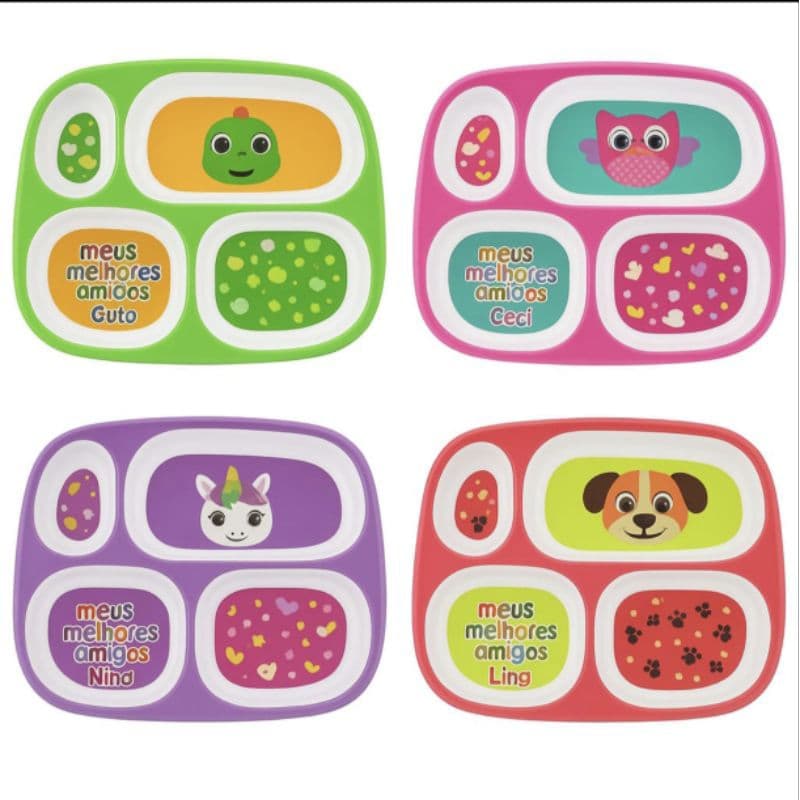 Kit Alimentação bebe/ prato com Divisória + Talheres inox + Escova + Garrafa