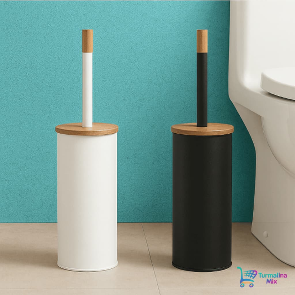 Escova De Vaso Sanitário Cabo E Tampa Bambu Com Suporte Resistente