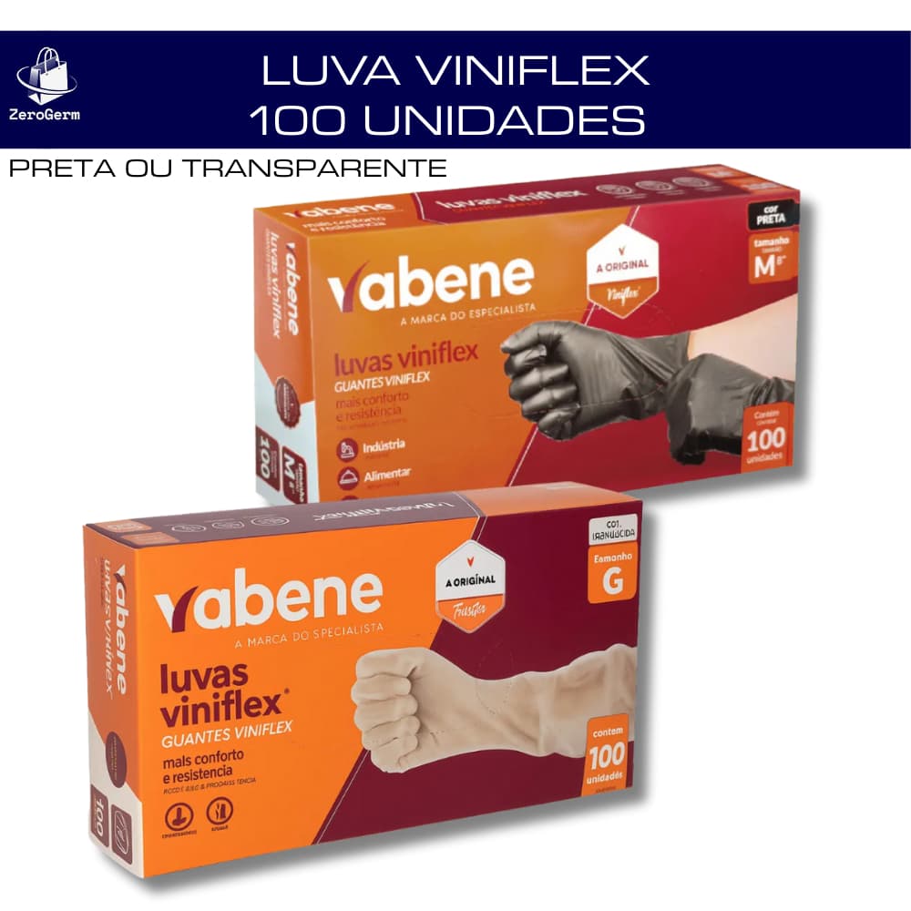 Luva Viniflex Descartável 100 Unidades Vabene Preta e Transparente Sem Pó P, M, G, GG