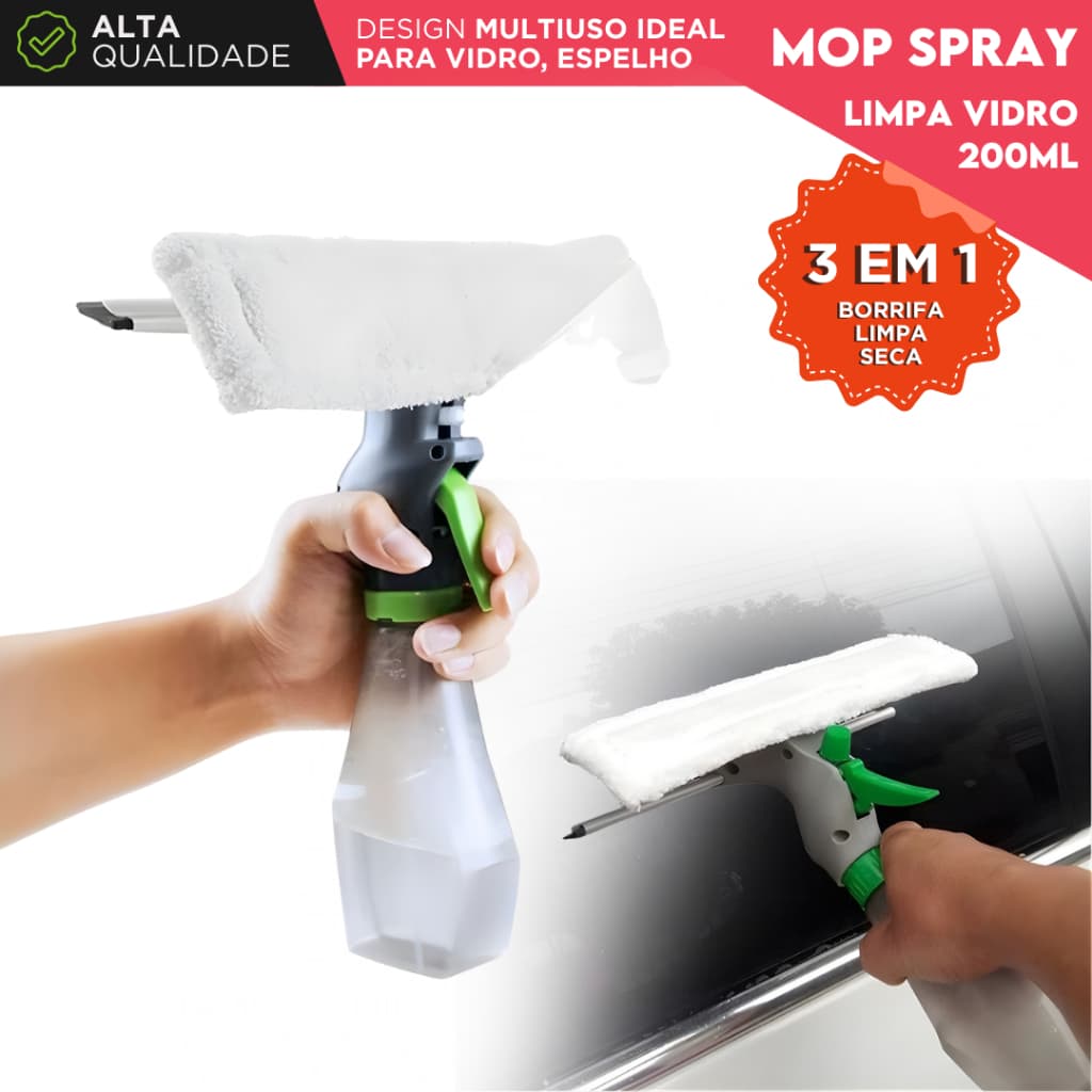 Rodo Mop Spray Limpa Vidro 3 em 1 200ml Borrifa Limpa e Seca Limpador de Vidros com Reservatório -MZ