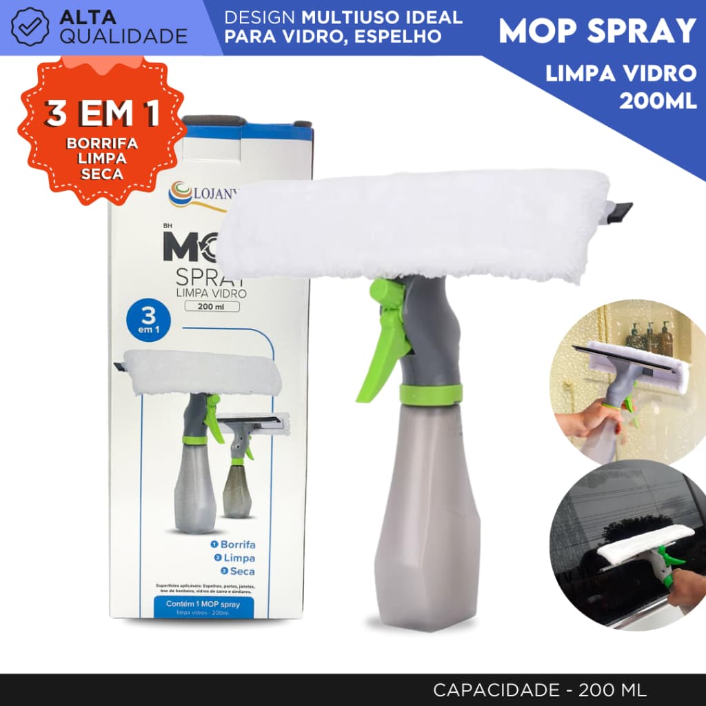 Rodo Mop Spray Limpa Vidro 3 em 1 200ml Borrifa Limpa e Seca Limpador de Vidros com Reservatório -SH