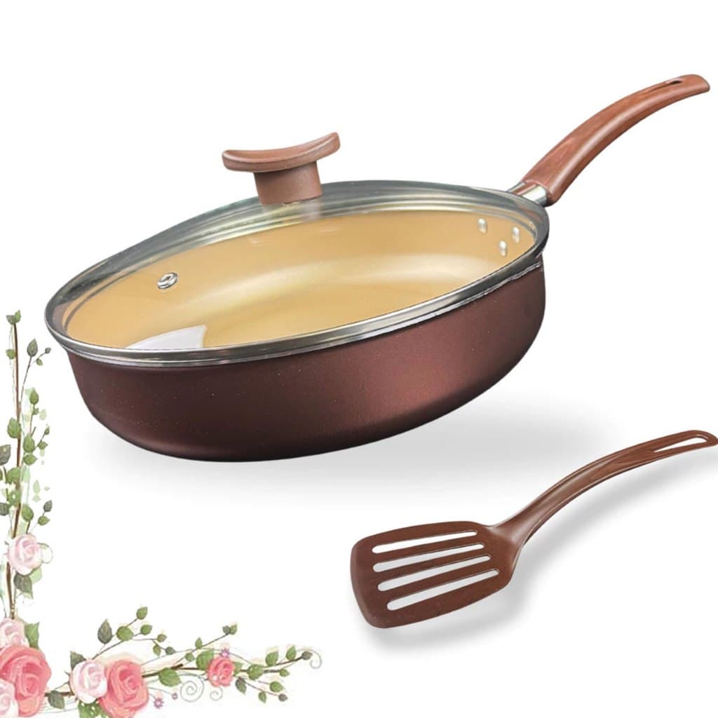 Frigideira Alta Antiaderente Com Tampa De Vidro e Espátula 24Cm Grande Teflon Cor Marrom Bege Dourado Alumínio Grosso