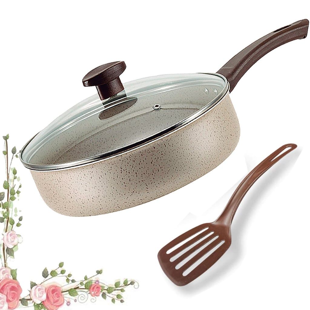 Frigideira Alta Antiaderente Com Tampa De Vidro e Espátula 24Cm Grande Teflon Cor Branco marrom Crema Alumínio Grosso