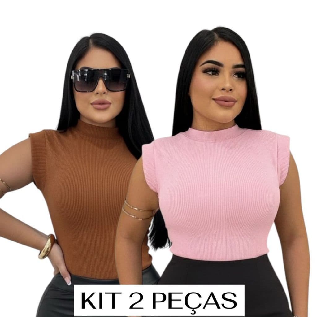 Kit 2 Body Feminino Básico Gola Alta Manguinha Anarruga Manga Curta Canelado Moda Verão 2025
