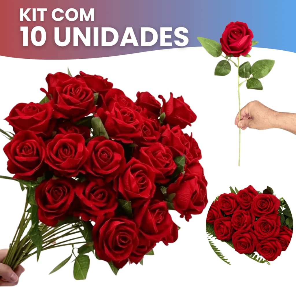 Kit 10 Rosas Artificial Aveludada 50cm Vermelha Individual Decoração Arranjo Flor