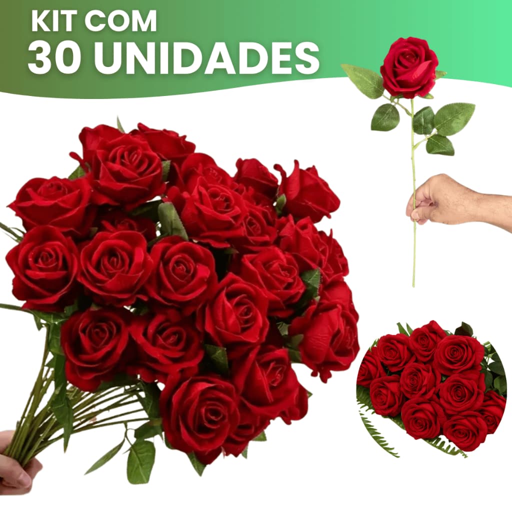 Kit 30 Rosas Artificial Aveludada 50cm Vermelha Individual Decoração Arranjo Flor