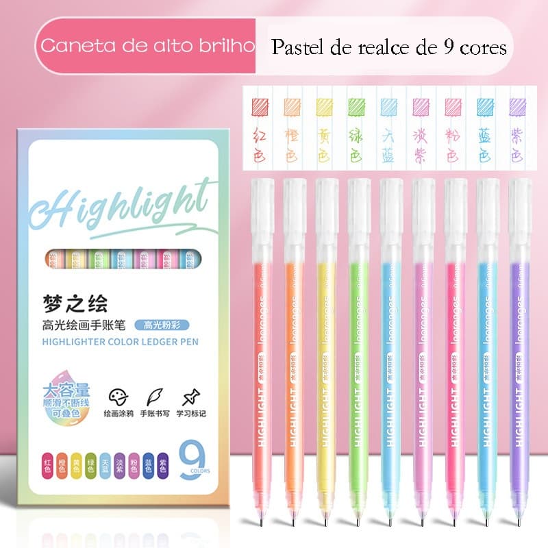 9pcs Highlighter Conjunto de Canetas Multicoloridas Vintage Marker Liner 0.5mm Esferográfica para Escola e Escritório