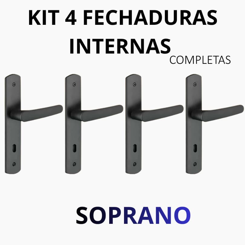 Kit 4 Fechaduras Ipanema Completa | Porta Interna Quarto | Preta | Máquina 40 | Anti Ferrugem | Soprano