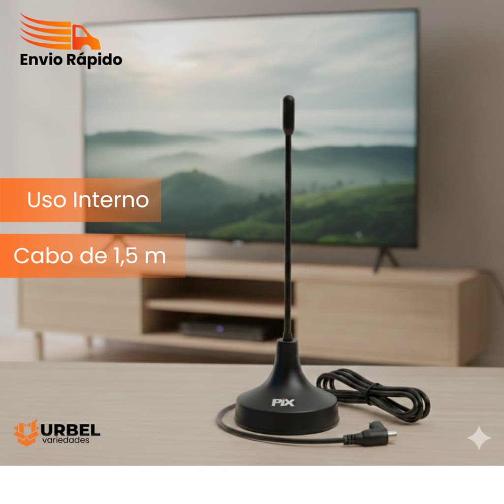 Antena Digital Para TV 1.5 Metros Multi Interno Sinal Ultra Hd 4K Canais Abertos Base C/ Ima 1,8M Plug 90°