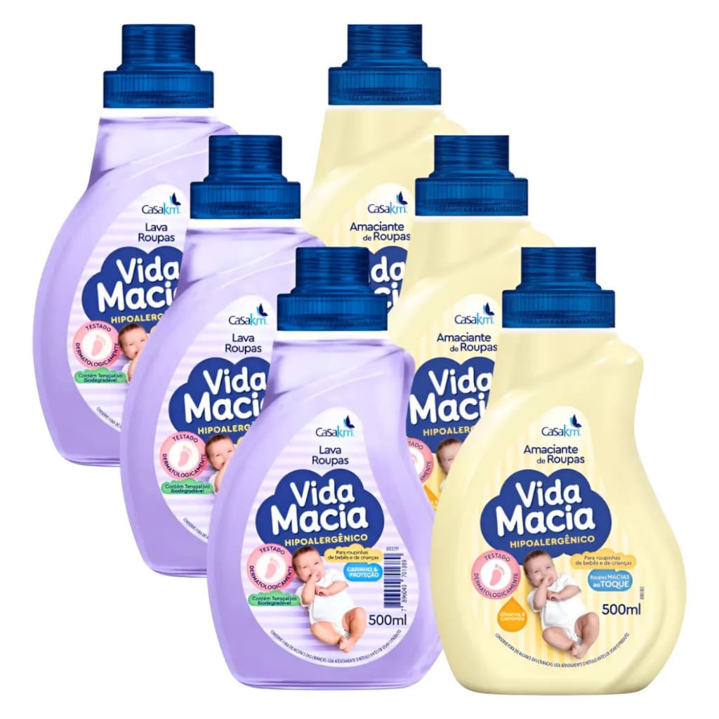 Lava Roupas Vida Macia 3x500ml + Amaciante Camomila 3x500ml