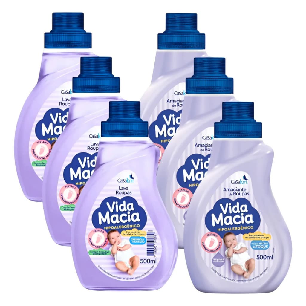 Vida Macia 500ml Bebê 3 Lava Roupas Liquido + 3 Amaciante Amendoas 500ml