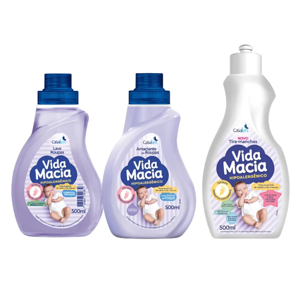 Lava Roupas Vida Macia 500ml + Amaciante Amendoãs 500ml E Tira Manchas 500ml