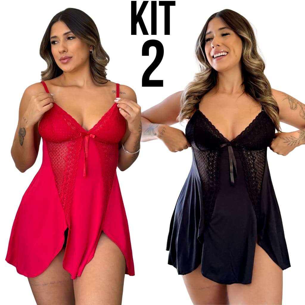 Kit 2 Camisolas Sexy com Renda Sem Bojo Roupa de Dormir Feminina Pijama Sensual Lingerie Plus Size