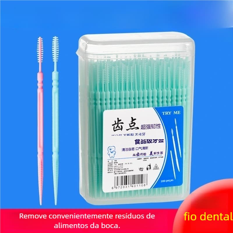 200Pcs Palito Dental com Escova - Cabeça Dupla Descartável para Limpeza Interdental