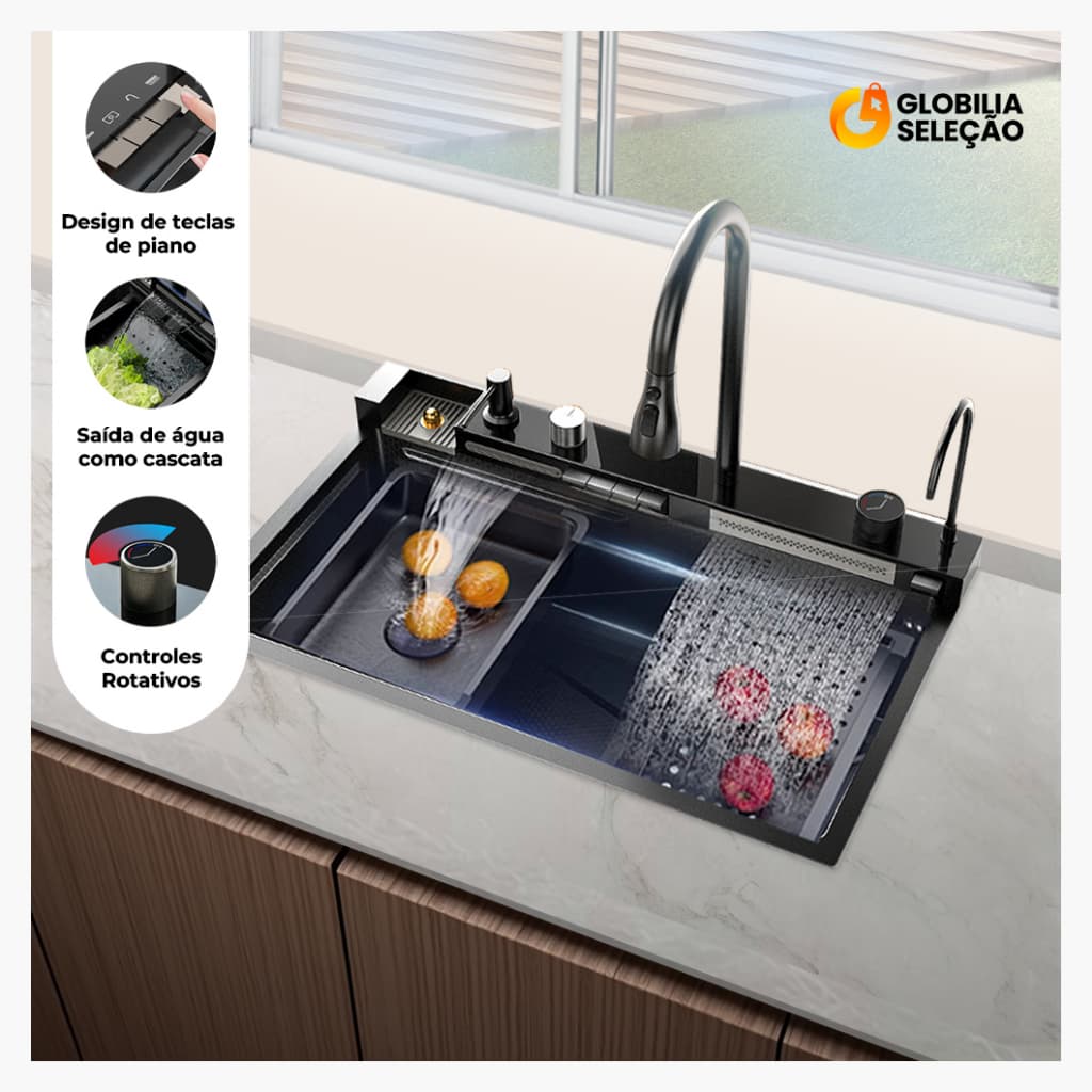 Cuba Cascata Pia Com Torneira Lavador De Copos Completa Acessórios Aço Inox 304 Cozinha Gourmet Cor Preto 75*45cm