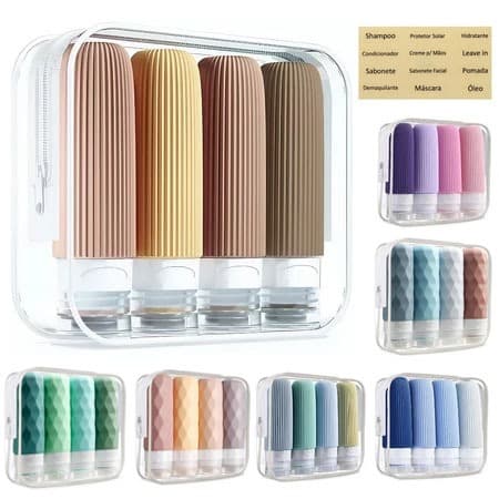 Kit Viagem 4 Frascos Silicone Pote 90ml Shampoo Creme