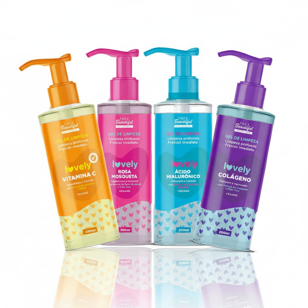 Kit 4 Gel de Limpeza Facial Maquiagem para festa das cores Lovely Face Beautiful 200ml
