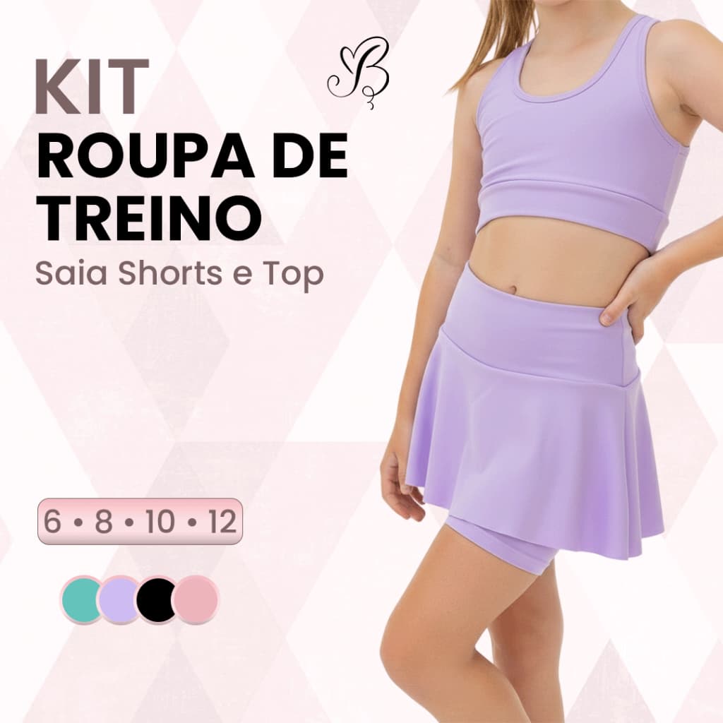 Kit Roupa de Treino Saia Shorts e Top Infantil Conjunto Fitness para Menina Cintura Alta