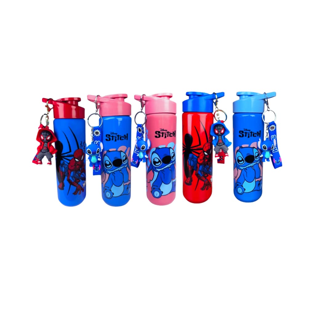 Garrafinha Infantil Tema Stitch, Magia e Homem Aranha 700ml -Alça e Acompanha Lindo Chaveiro